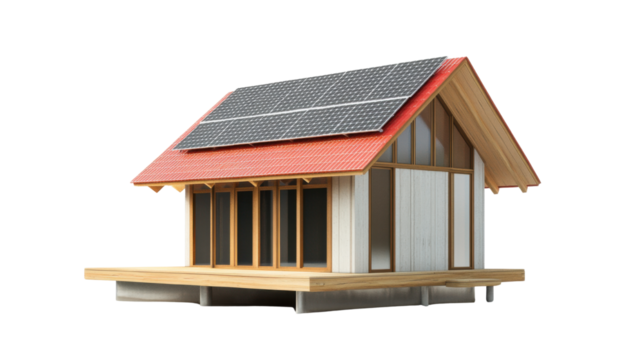 3D model of a small wooden cottage house with a door, window, and roof, isolated on a white background, perfect for construction, real estate, or architecture design - Powered by Adobe