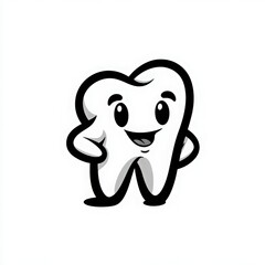 Adorable Cartoon Tooth Mascot Character with Smiling Face and Playful Gesture in Black and White Style