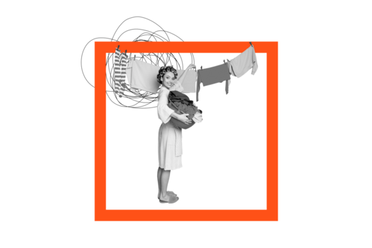 Composite photo collage of happy housemaid girl do laundry day hold basin garment clothes dry rope washed isolated on painted background