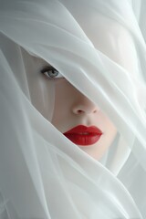 Striking Female Face with Bright Red Lips Artfully Framed by Sheer White Fabric Veil