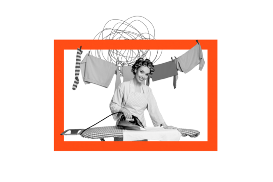 Composite photo collage of happy housemaid hold iron dry clothes board household chores wear curlers apron isolated on painted background