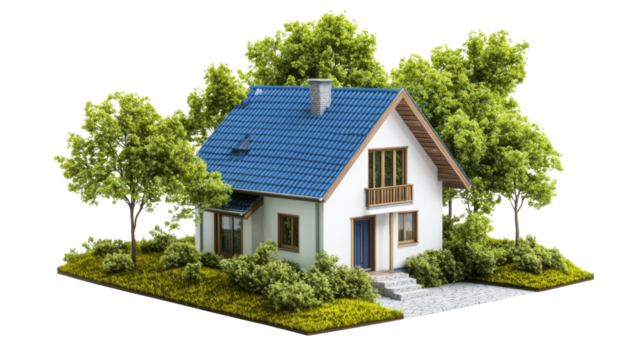 Luxury residential building in the forest with a blue sky, featuring a modern roof, large windows, and an impressive facade