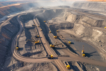 Aerial 8K view of large mining site with excavators and dump trucks on dusty rocky terrain