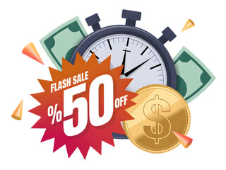 Flash sale announcement with stopwatch, money, and gold coin isolated on transparent background