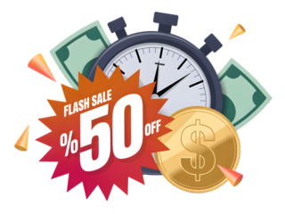 Flash sale announcement with stopwatch, money, and gold coin isolated on transparent background