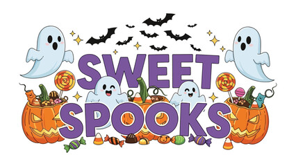 Sweet Spooks: A vibrant Halloween design, featuring a cheerful display of pumpkin and candy, inviting all to celebrate a delightful, spooky season. 