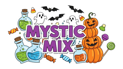 Mystic Mix: A spellbinding concoction of Halloween spirit, blending playful pumpkin faces, mischievous ghosts, and mysterious potions, all swirling together in a cauldron of spooky fun.