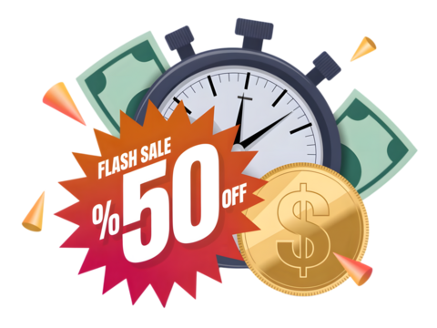 Flash sale announcement with stopwatch, money, and gold coin isolated on transparent background