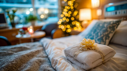 Cozy luxury hotel room decorated with Christmas tree and glowing lights, candle on table creating festive holiday atmosphere