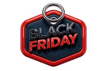 Black friday tag with red border and metal ring, isolated on transparent background