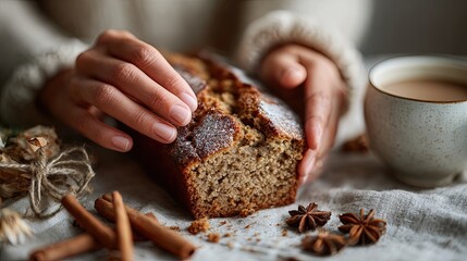 Delicious pumpkin spice banana bread served with a warm drink in a cozy setting