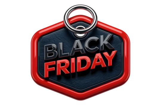 Black friday tag with red border and metal ring, isolated on transparent background