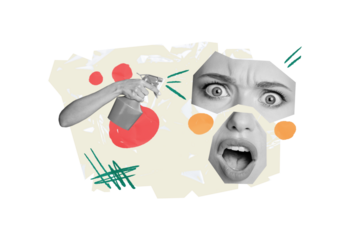 Collage young woman face fragments shocked reaction surprised unhappy dissatisfied cleaning spray bottle disinfection hand body fragment