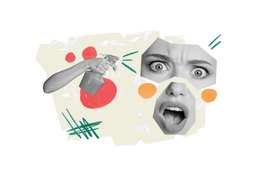 Collage young woman face fragments shocked reaction surprised unhappy dissatisfied cleaning spray bottle disinfection hand body fragment