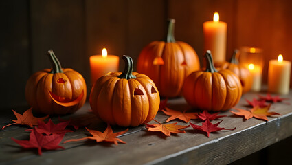 A warm autumnal scene with jack-o'-lanterns and candle lights. It's festive season with orange pumpkin and cozy ambience .