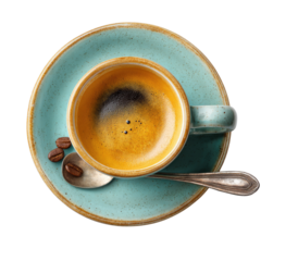 Espresso in teal-colored cup and saucer