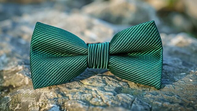 Video clip A small green bow tie sits atop a rock, perhaps as a decorative accent or a symbol