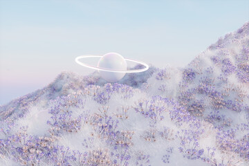 Abstract winter landscape scene with Saturn. 3d rendering