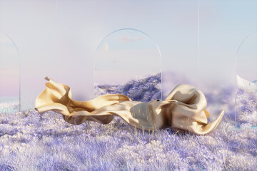 Abstract winter landscape scene with a podium for product display. 3d rendering