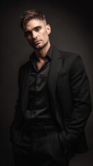 Obraz premium Sophisticated gentleman in sleek black attire strikes a powerful pose against a dramatic dark background, exuding confidence and modern elegance