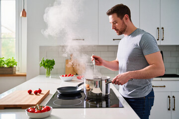 Man cooking pasta in modern kitchen with steam rising, ultra-realistic 8K lifestyle scene
