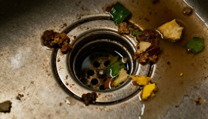 Dirty sink drain with food bits and water in dim indoor light with gritty mood and top composition