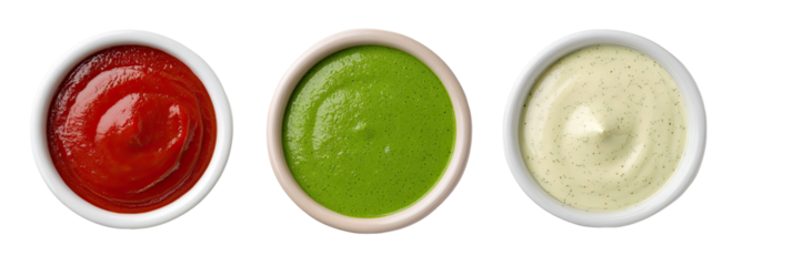 Three small bowls of sauces, red, green, and creamy white