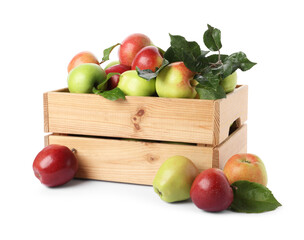 Fresh ripe apples in wooden crate isolated on white