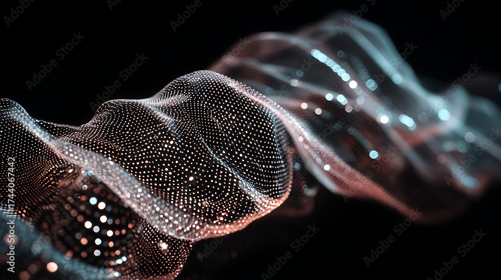 Wall mural holographic display interacting with a sheet of flowing liquid mercury showing dynamic light pattern