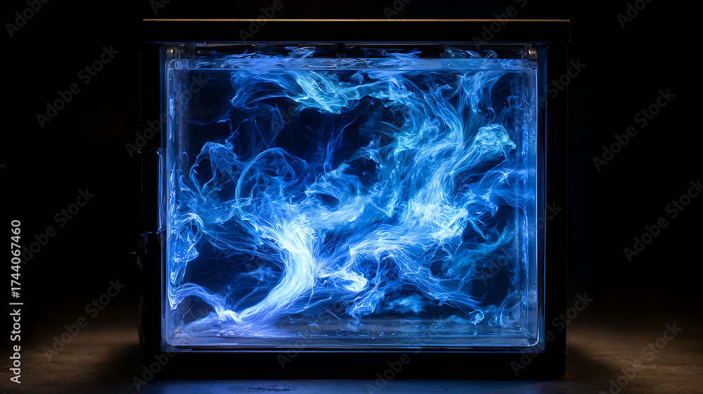 Wall mural holographic display interacting with a sheet of flowing liquid mercury showing dynamic light pattern