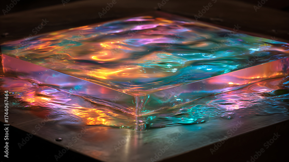 Wall mural holographic display interacting with a sheet of flowing liquid mercury showing dynamic light pattern