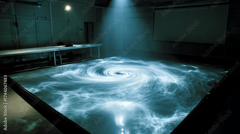 Wall mural holographic display interacting with a sheet of flowing liquid mercury showing dynamic light pattern