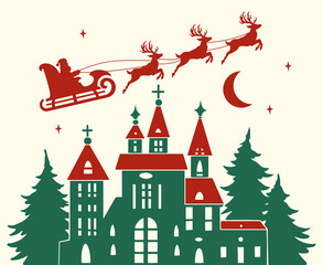 Naklejka premium Santa flying over a festive village at night