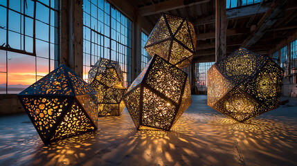 Glowing geometric sculptures made of porous metal catching and diffusing surreal sunset light in an empty industrial space, an artistic industrial display.