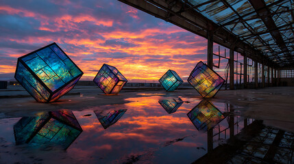 Glowing geometric sculptures made of porous metal catching and diffusing surreal sunset light in an empty industrial space, an artistic industrial display.