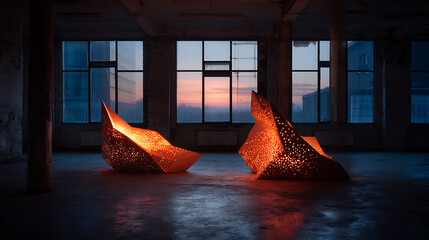 Glowing geometric sculptures made of porous metal catching and diffusing surreal sunset light in an empty industrial space, an artistic industrial display.