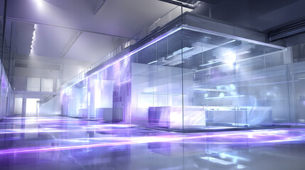 Futuristic laboratory with glowing plasma beams interacting with transparent composite materials and creating light flares, a high - tech lab scene.