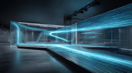Futuristic laboratory with glowing plasma beams interacting with transparent composite materials and creating light flares, a high - tech lab scene.