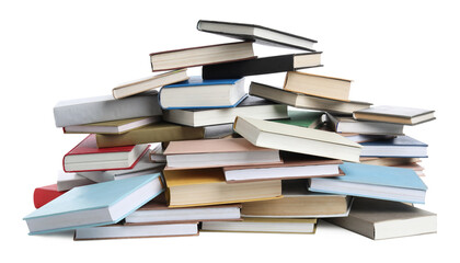 Group of different stacked books isolated on white