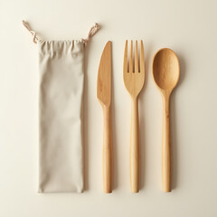 Bamboo cutlery set including fork, knife, and spoon with pouch  