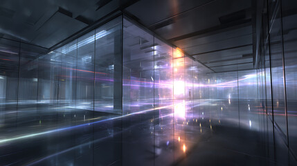 Futuristic laboratory with glowing plasma beams interacting with transparent composite materials and creating light flares, a high - tech lab scene.