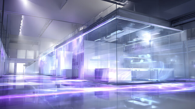 Futuristic laboratory with glowing plasma beams interacting with transparent composite materials and creating light flares, a high - tech lab scene. - Powered by Adobe