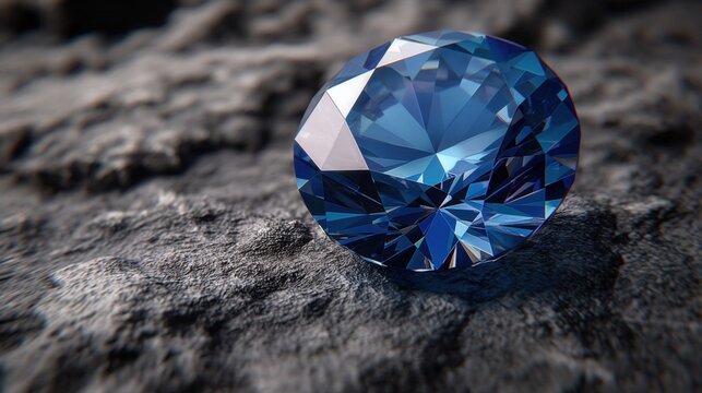 A close-up of a blue diamond resting on a textured surface. The diamond has multiple facets reflecting light, showcasing its brilliance and clarity.