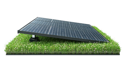 Photovoltaic solar panels on a white background and on green grass under a blue sky symbolize clean renewable energy technology