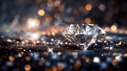 A sparkling diamond sits on a glittering surface with blurred golden lights in the background. The scene conveys a sense of luxury and celebration.