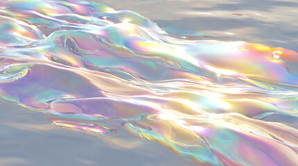 Ethereal liquid metal pool reflecting a sky filled with holographic projections and soft diffused light, an otherworldly metallic scene.