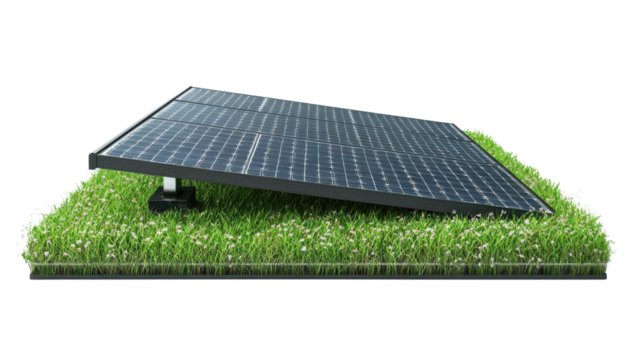 Photovoltaic solar panels on a white background and on green grass under a blue sky symbolize clean renewable energy technology