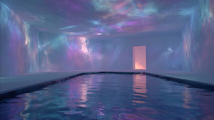 Ethereal liquid metal pool reflecting a sky filled with holographic projections and soft diffused light, an otherworldly metallic scene.