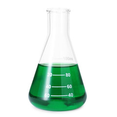 Glass flask with green liquid isolated on white