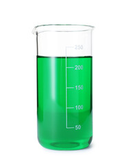 Glass beaker with green liquid isolated on white